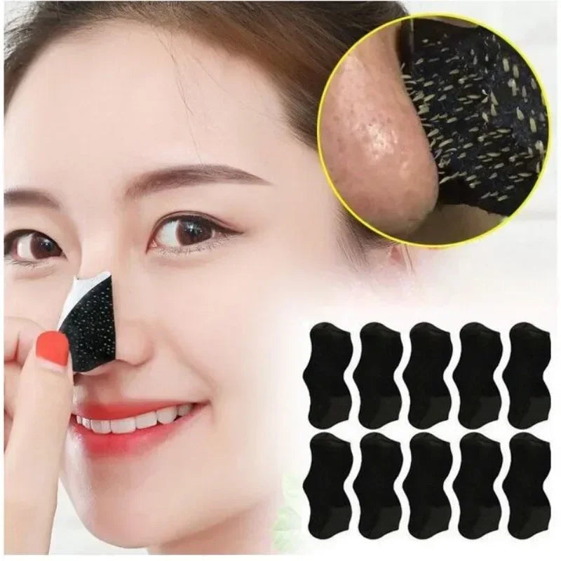 Woman applying blackhead removal patches with a close-up of a blackhead and multiple patches displayed below.