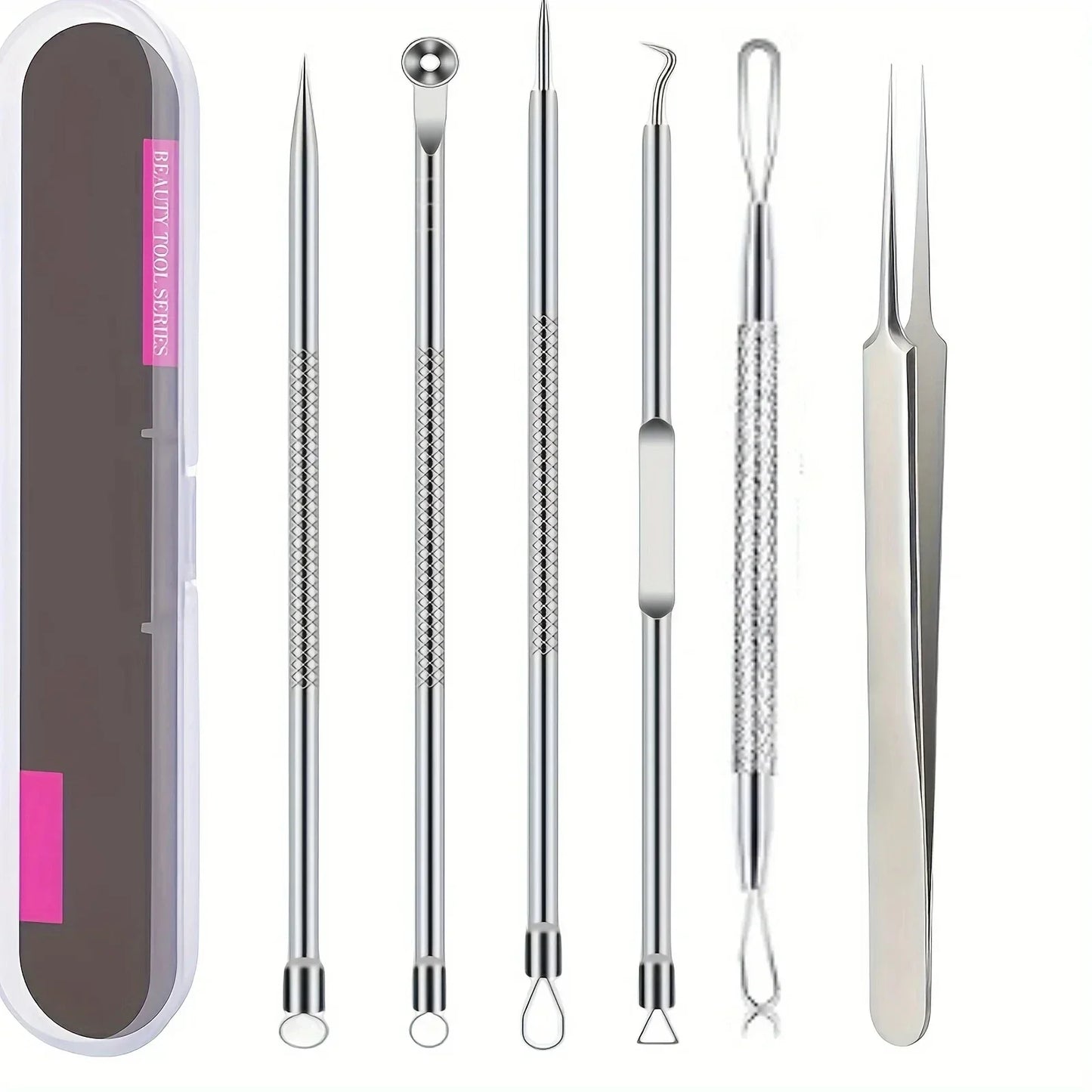 Set of six metal acne extraction tools with a case on a white background