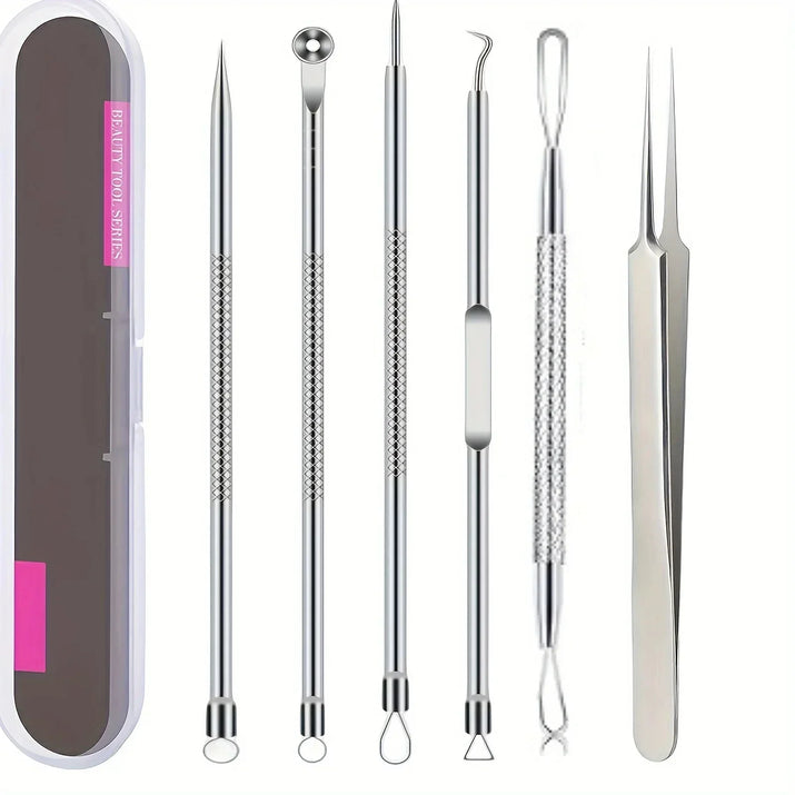 Set of six metal acne extraction tools with a case on a white background