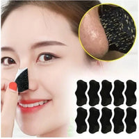 Woman applying blackhead removal patches with a close-up of a blackhead and multiple patches displayed below.