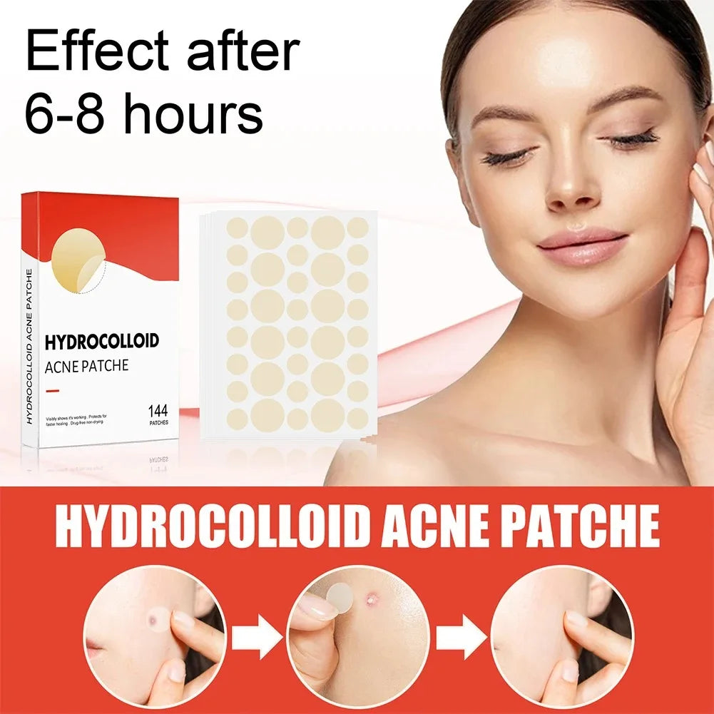 Hydrocolloid acne patch packaging with a woman's face and text indicating effect after 6-8 hours.