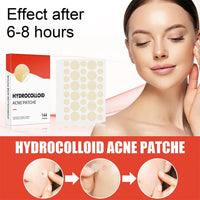 Hydrocolloid acne patch packaging with a woman's face and text indicating effect after 6-8 hours.