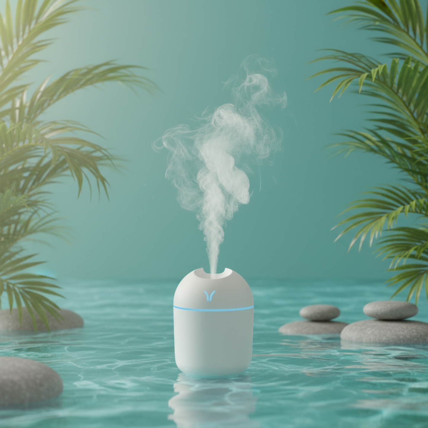 White diffuser emitting steam on a wooden table with a plant and books in a living room.