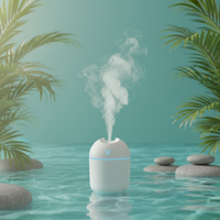 White diffuser emitting steam on a wooden table with a plant and books in a living room.