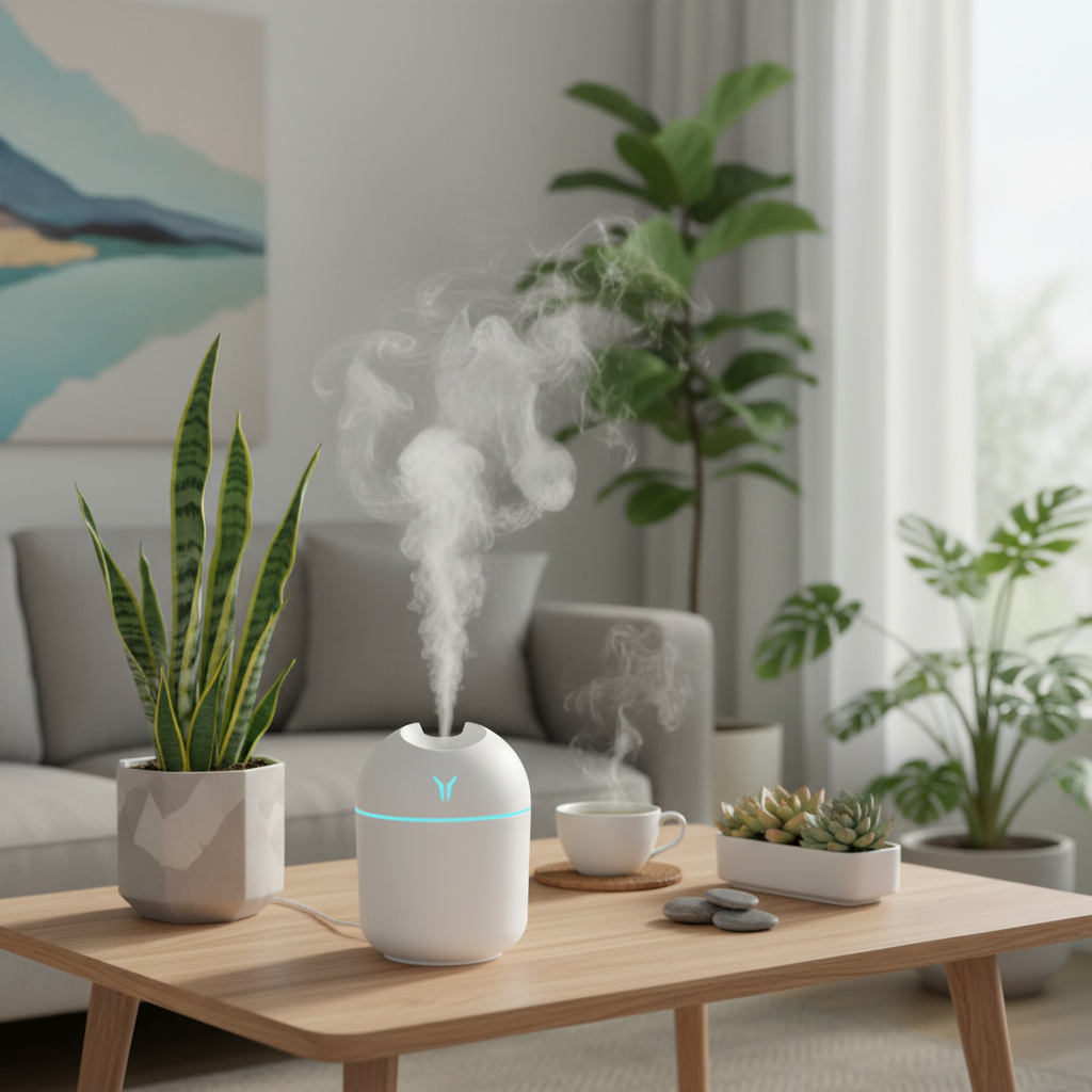 Humidifier on a wooden table with plants and a cup in a living room setting