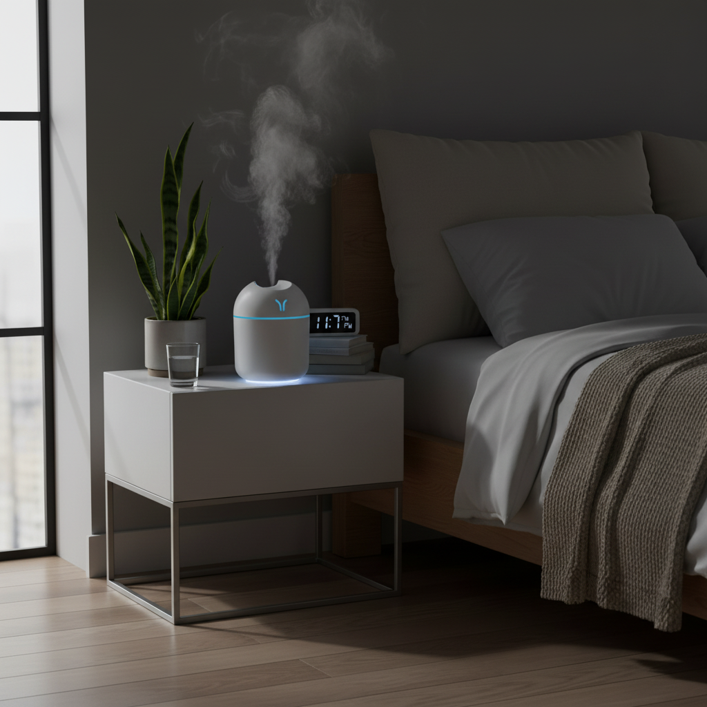 Humidifier on a nightstand in a bedroom with steam rising