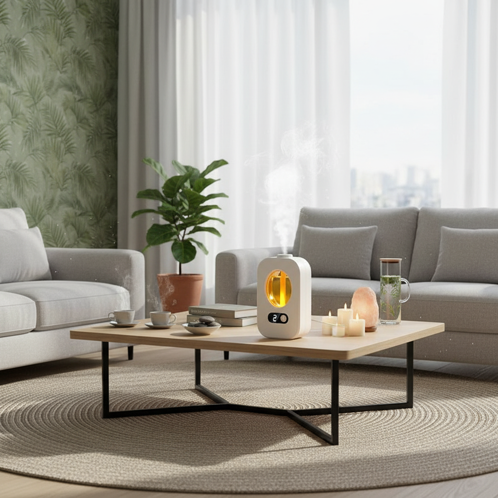Modern living room with a coffee table, sofa, and decorative items.
