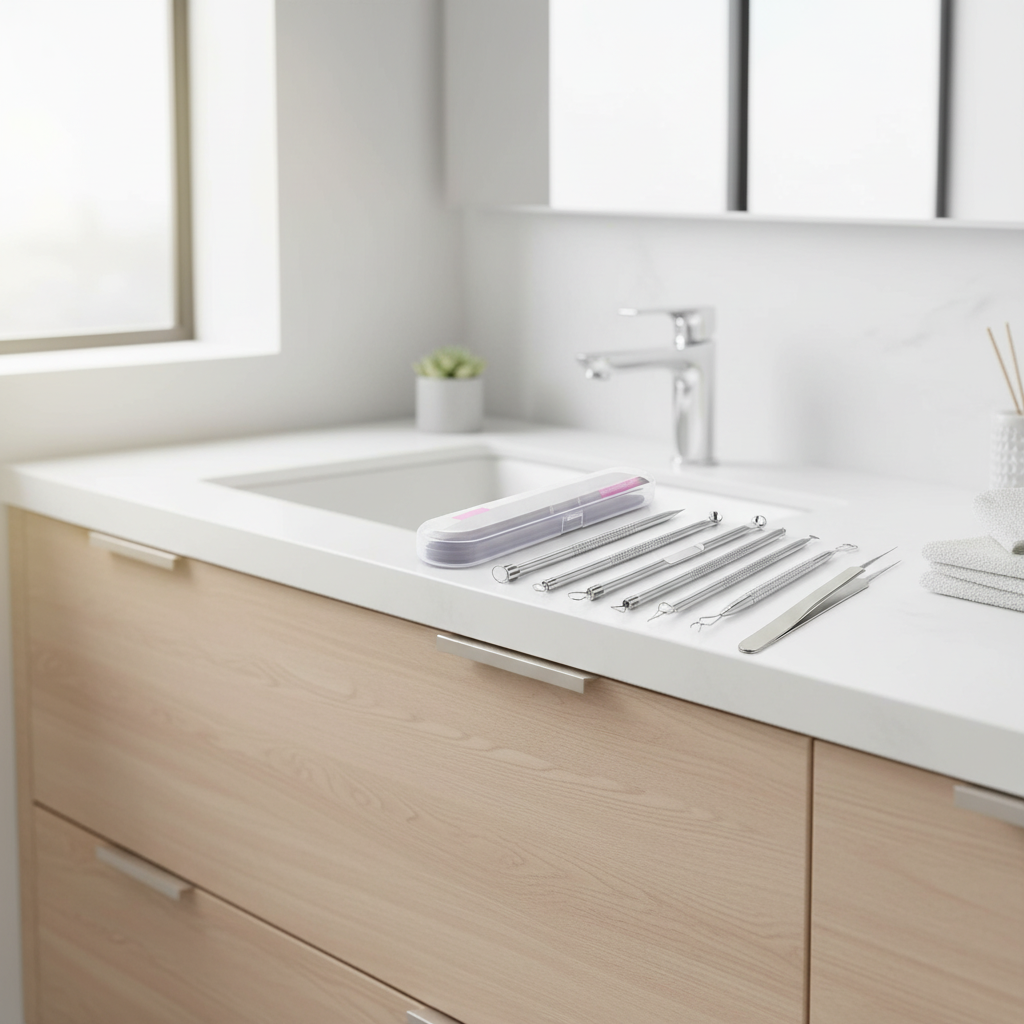 Set of metal tools on a kitchen counter with a sink in the background