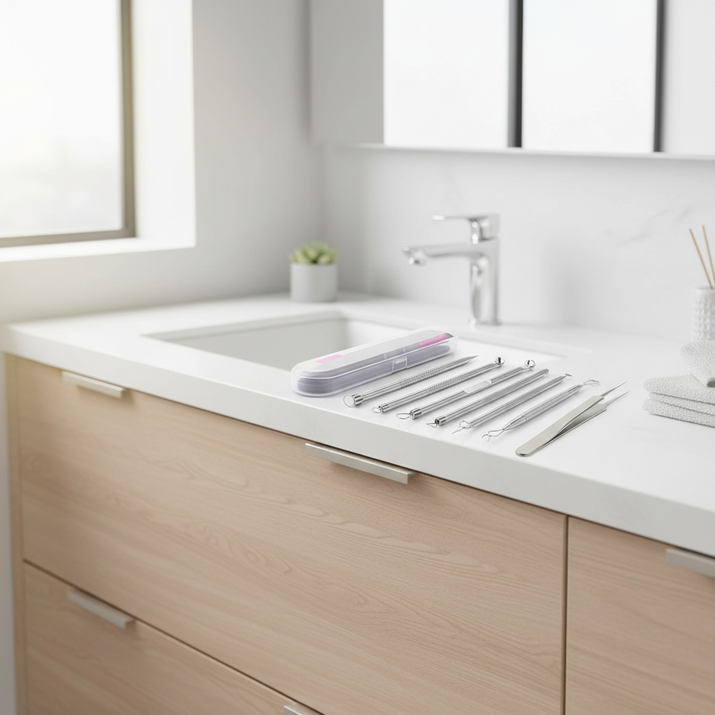 Set of metal tools on a kitchen counter with a sink in the background