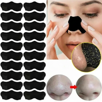 Black nose strips with a close-up of a person wearing them and before-and-after effects on skin texture.