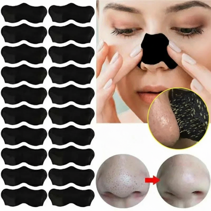 Black nose strips with a close-up of a person wearing them and before-and-after effects on skin texture.