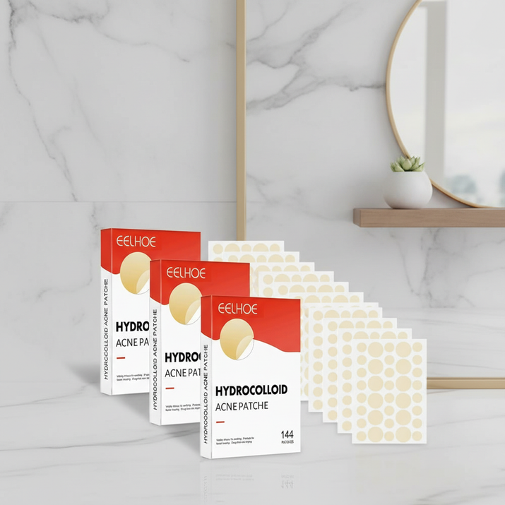 Eelhoe hydrocolloid acne patches packaging on a marble surface with a mirror in the background.